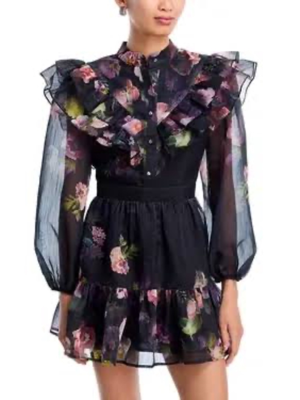 AQUA Black Multi Floral Ruffle Long Sleeve Mini Dress Size S NWT – Retail $128